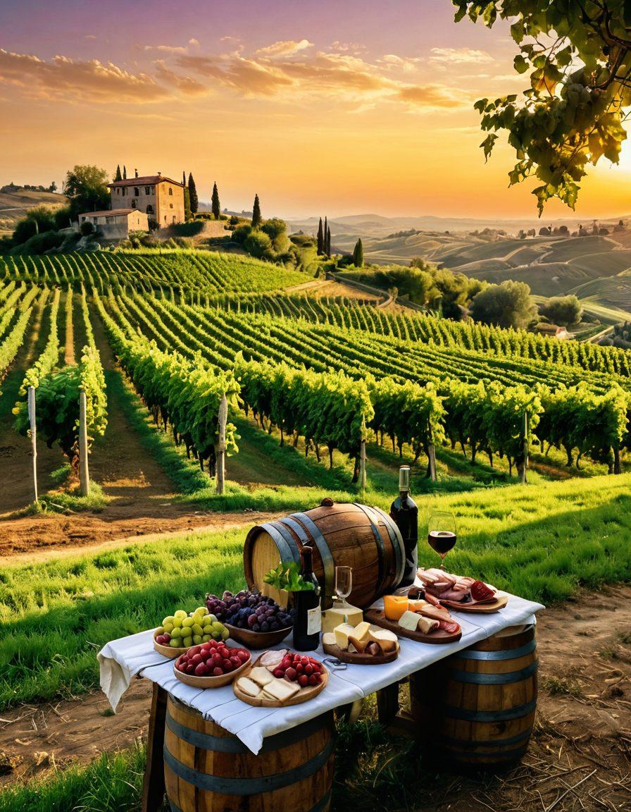 A picturesque vineyard landscape in Italy, showcasing rolling hills with lush grapevines under a golden sunset. Include rustic wooden wine barrels and an artisan winemaker inspecting grapes, with a spread of organic cheeses and charcuterie on a table. In the distance, a charming Italian villa should be visible. Emphasize the warmth and conviviality of Italian wine culture. vibrant colors. super-realistic.