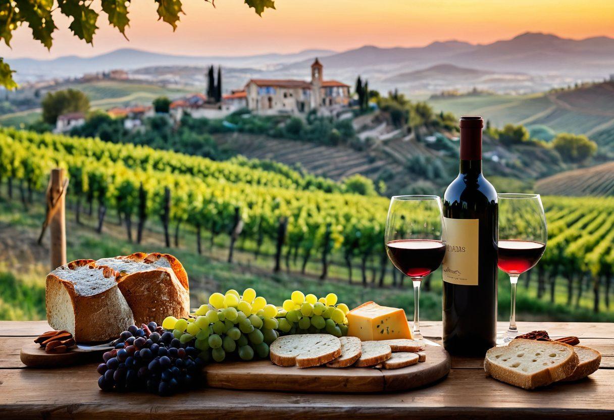 A picturesque Italian vineyard during sunset, showcasing lush grapevines heavy with ripe grapes. In the foreground, a rustic wooden table is elegantly set with a wine bottle, glasses, and traditional Italian cheese and bread. In the background, rolling hills and ancient wineries capture the essence of Italy's rich wine culture. The scene is infused with warm, golden tones and soft lighting for an inviting atmosphere. vibrant colors. super-realistic.