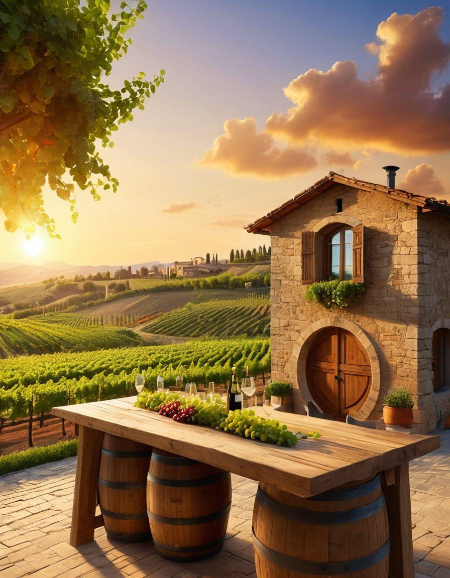 A picturesque Italian vineyard at sunset, showcasing lush green grapevines, rustic wooden wine barrels, and a charming eco-friendly winery building made of natural materials. Include solar panels and wind turbines in the background to emphasize sustainability. Add a glass of organic wine placed on a wooden table, with rolling hills and olive trees in the distance. vibrant colors. super-realistic.
